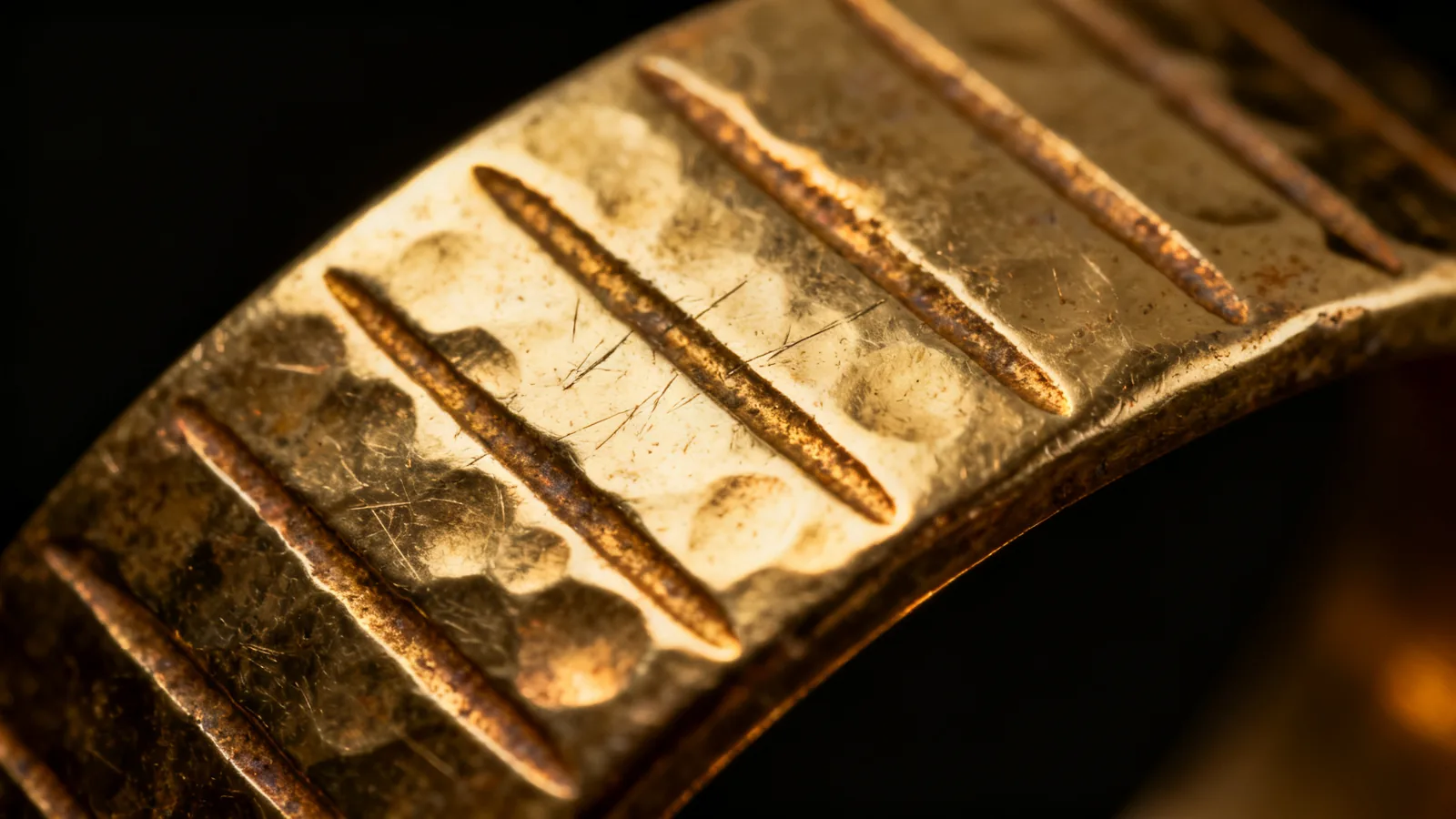 Macro di oro anticato martellato con incisioni, richiamo alle fronts in oro della vecchia scuola