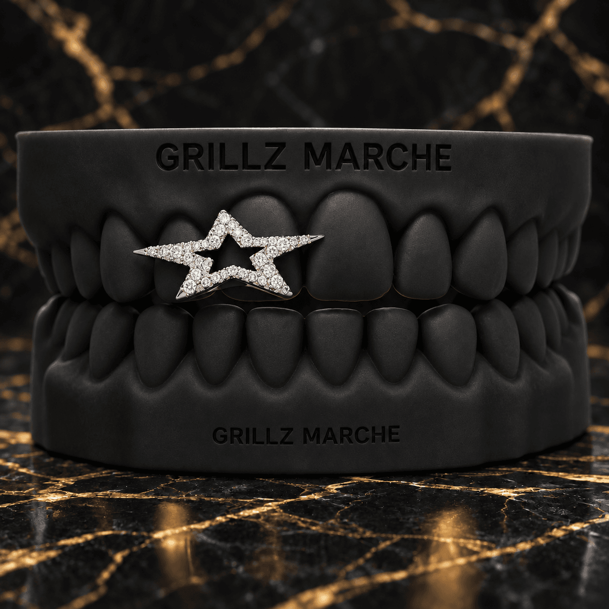 Stella Pavè open face · 2 denti — custom grillz design by the Grillz Marche atelier, made to measure on the cast of your teeth