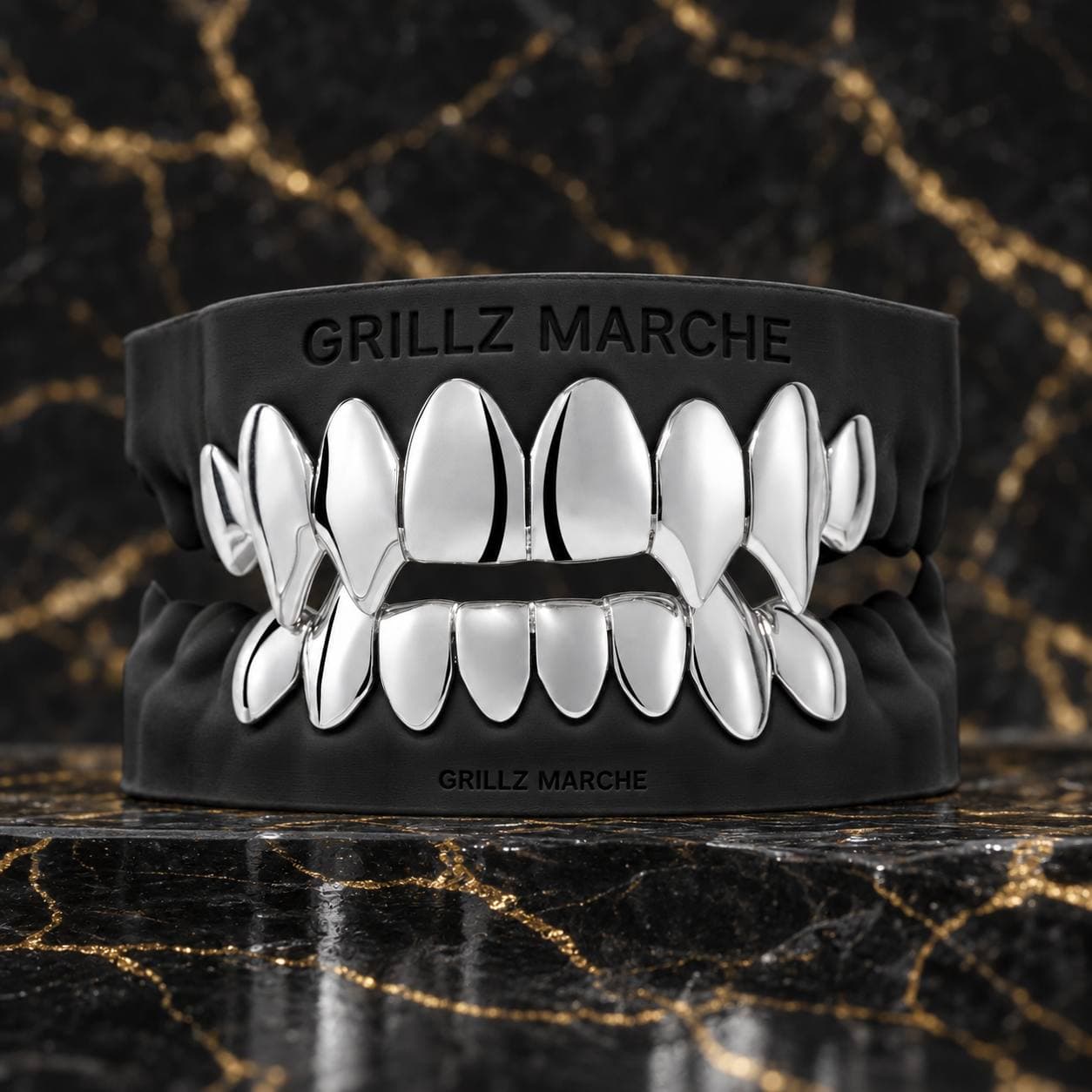 Full set con zanne · 20 denti · cromo-cobalto — design di grillz su misura dell'atelier Grillz Marche, realizzabile sul calco dei tuoi denti