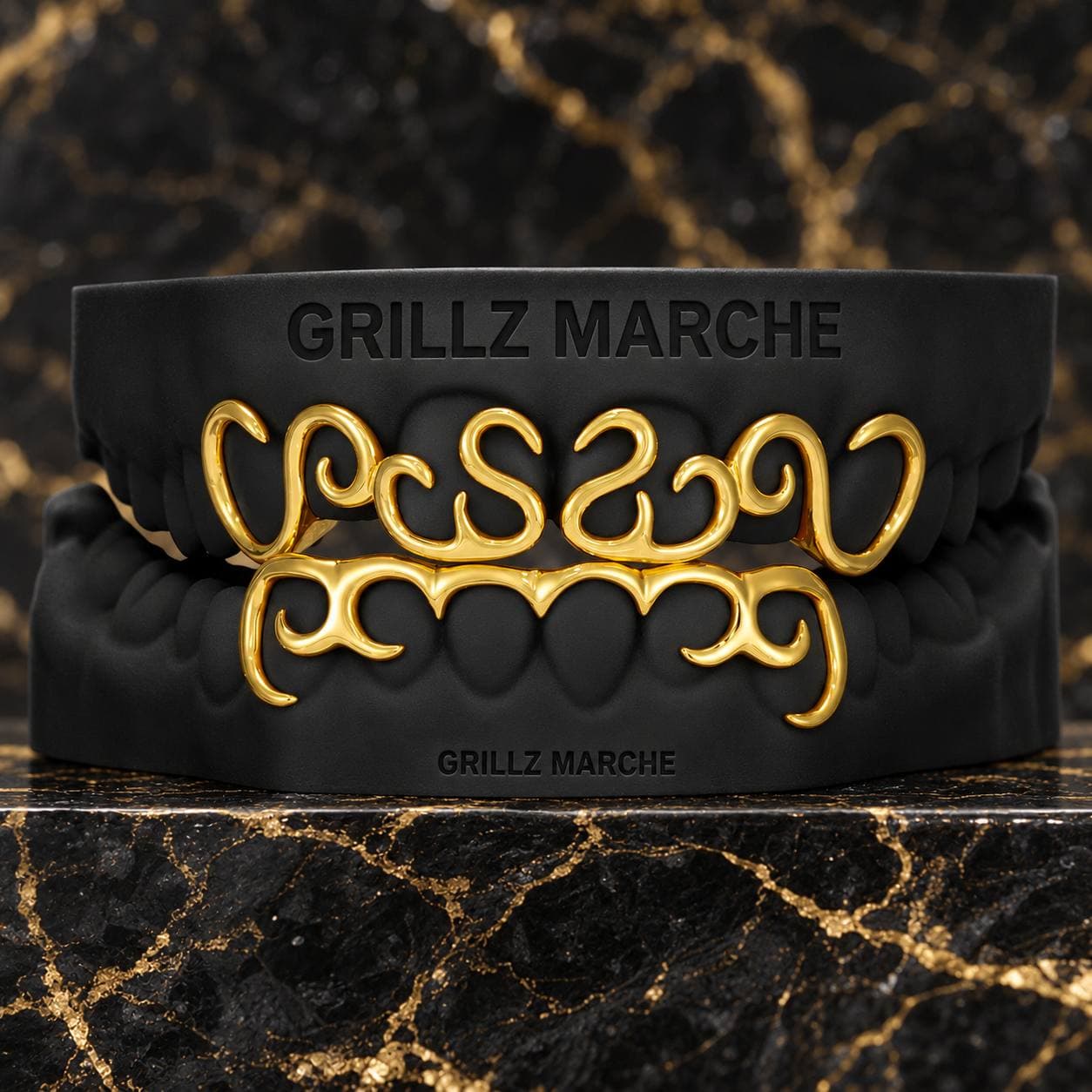 Volute su due arcate · 16 denti · PVD effetto oro — design di grillz su misura dell'atelier Grillz Marche, realizzabile sul calco dei tuoi denti