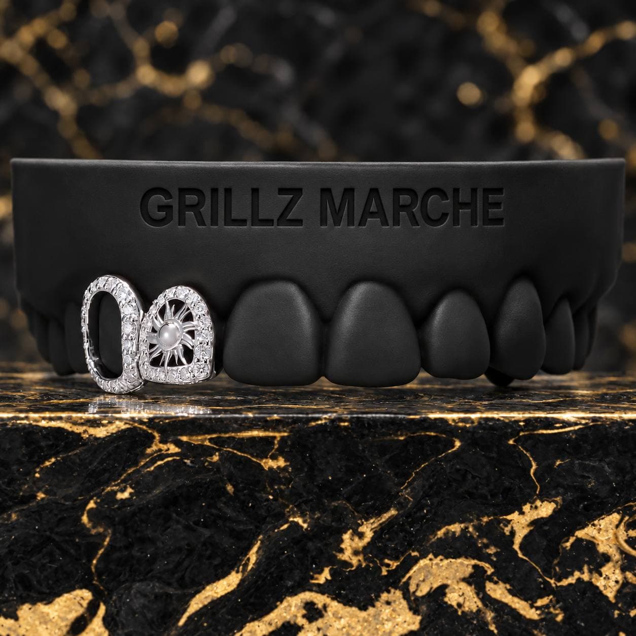 Sole e cornice pavé · 2 denti · cromo-cobalto — design di grillz su misura dell'atelier Grillz Marche, realizzabile sul calco dei tuoi denti