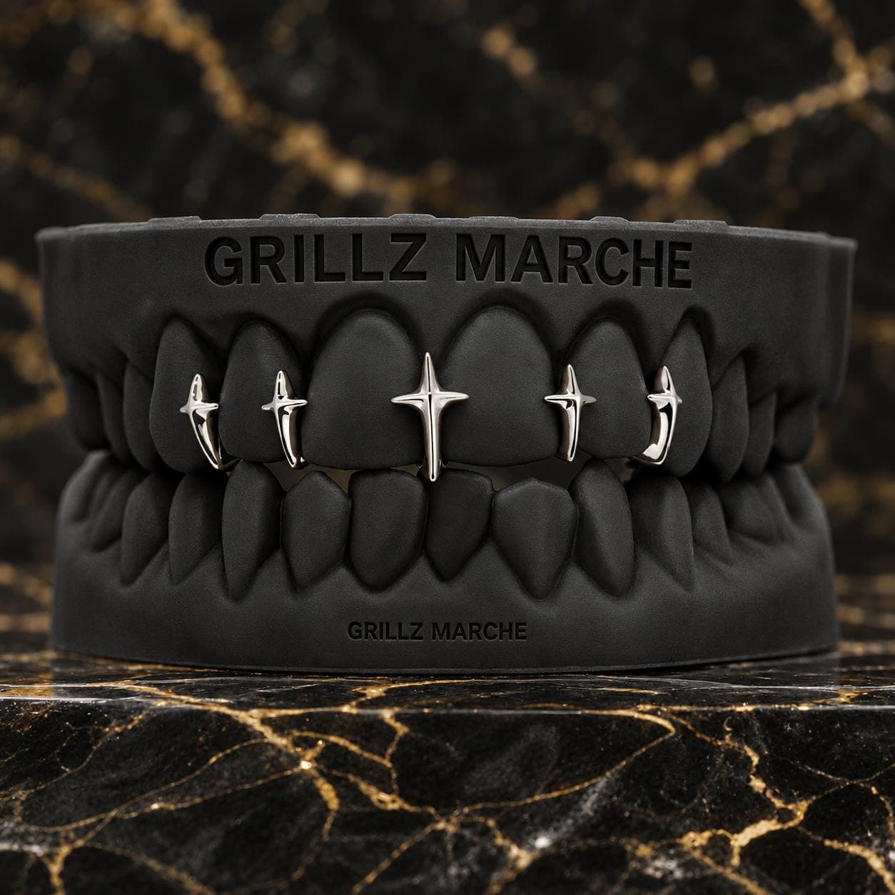 Stelline sul bordo · 5 denti sopra · cromo-cobalto — custom grillz design by the Grillz Marche atelier, made to measure on the cast of your teeth