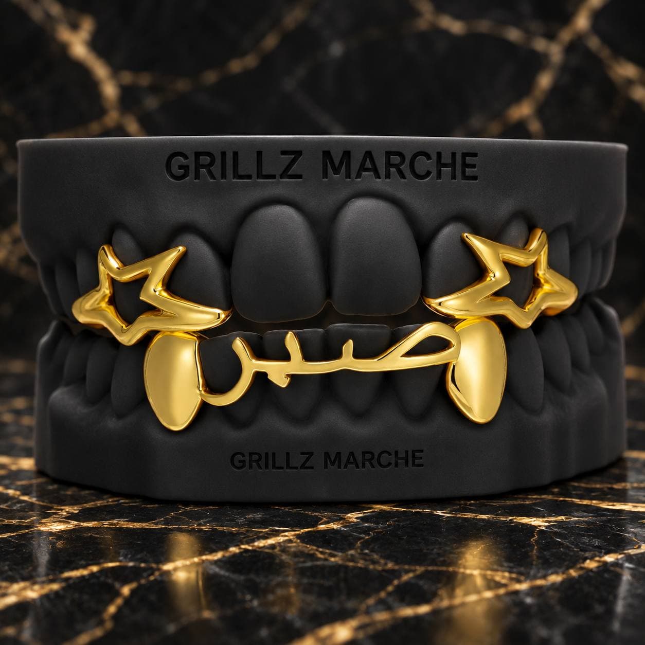 Stelle open face e scritta araba · 10 denti — custom grillz design by the Grillz Marche atelier, made to measure on the cast of your teeth