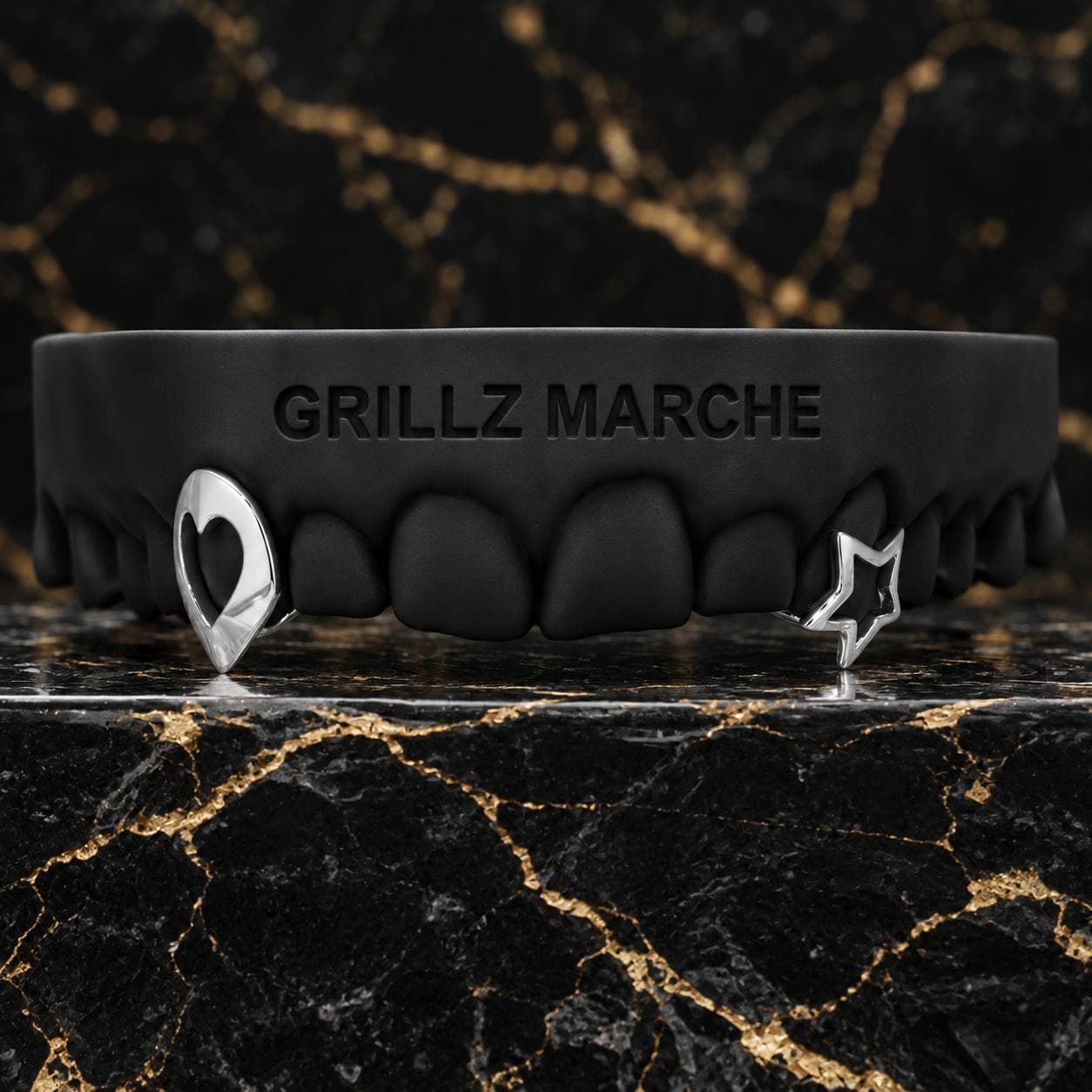 Cuore e stella · 2 denti · cromo-cobalto — design di grillz su misura dell'atelier Grillz Marche, realizzabile sul calco dei tuoi denti