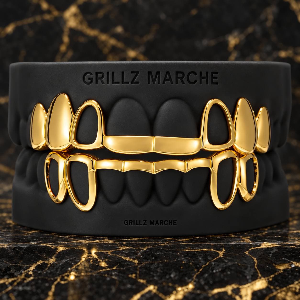 Barra e open face · 20 denti · PVD effetto oro — custom grillz design by the Grillz Marche atelier, made to measure on the cast of your teeth
