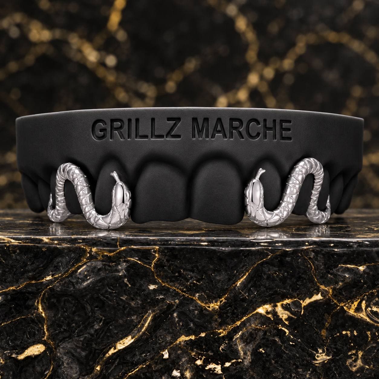 Serpenti · 6 denti sopra · cromo-cobalto — design di grillz su misura dell'atelier Grillz Marche, realizzabile sul calco dei tuoi denti