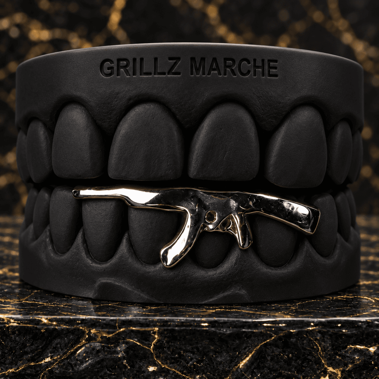 Silhouette fucile · 6 denti · cromo-cobalto — custom grillz design by the Grillz Marche atelier, made to measure on the cast of your teeth
